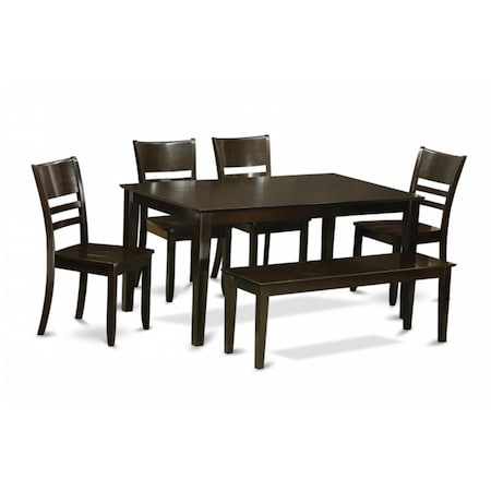 East West Furniture 6 Piece Dining Room Set With Bench- Dining Room Table and 4 Ding Room Chairs and Bench CALY6-CAP-W